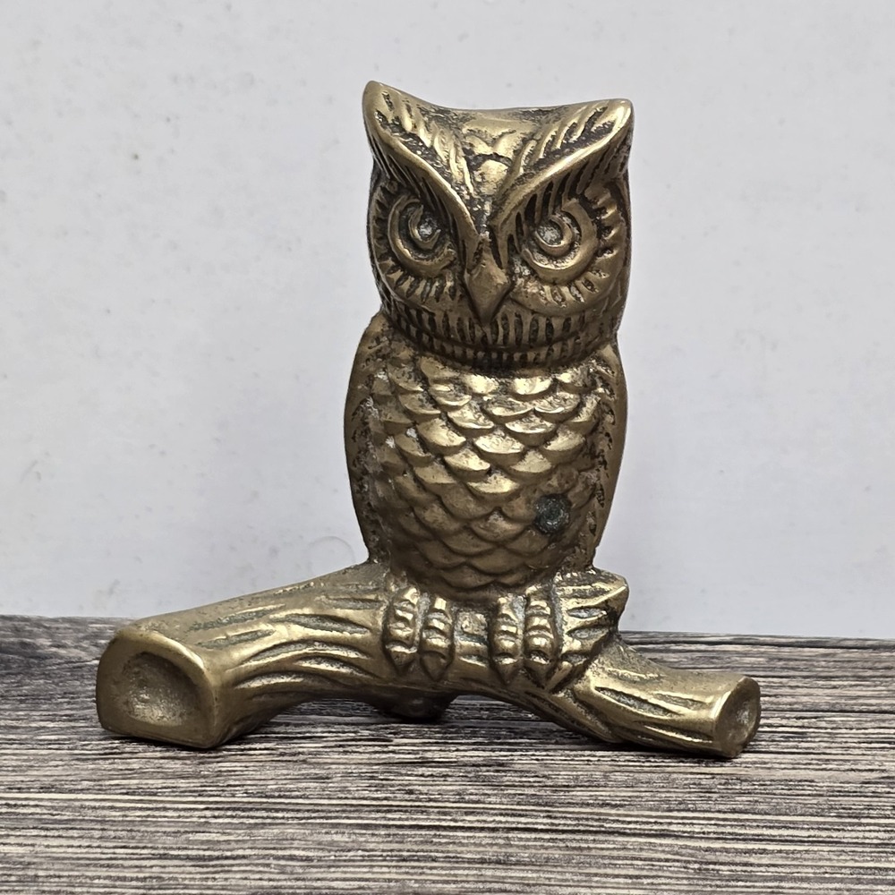 Vintage Solid Brass MCM Large Eyed Owl‎ Tree On Branch Decor Paper Weight